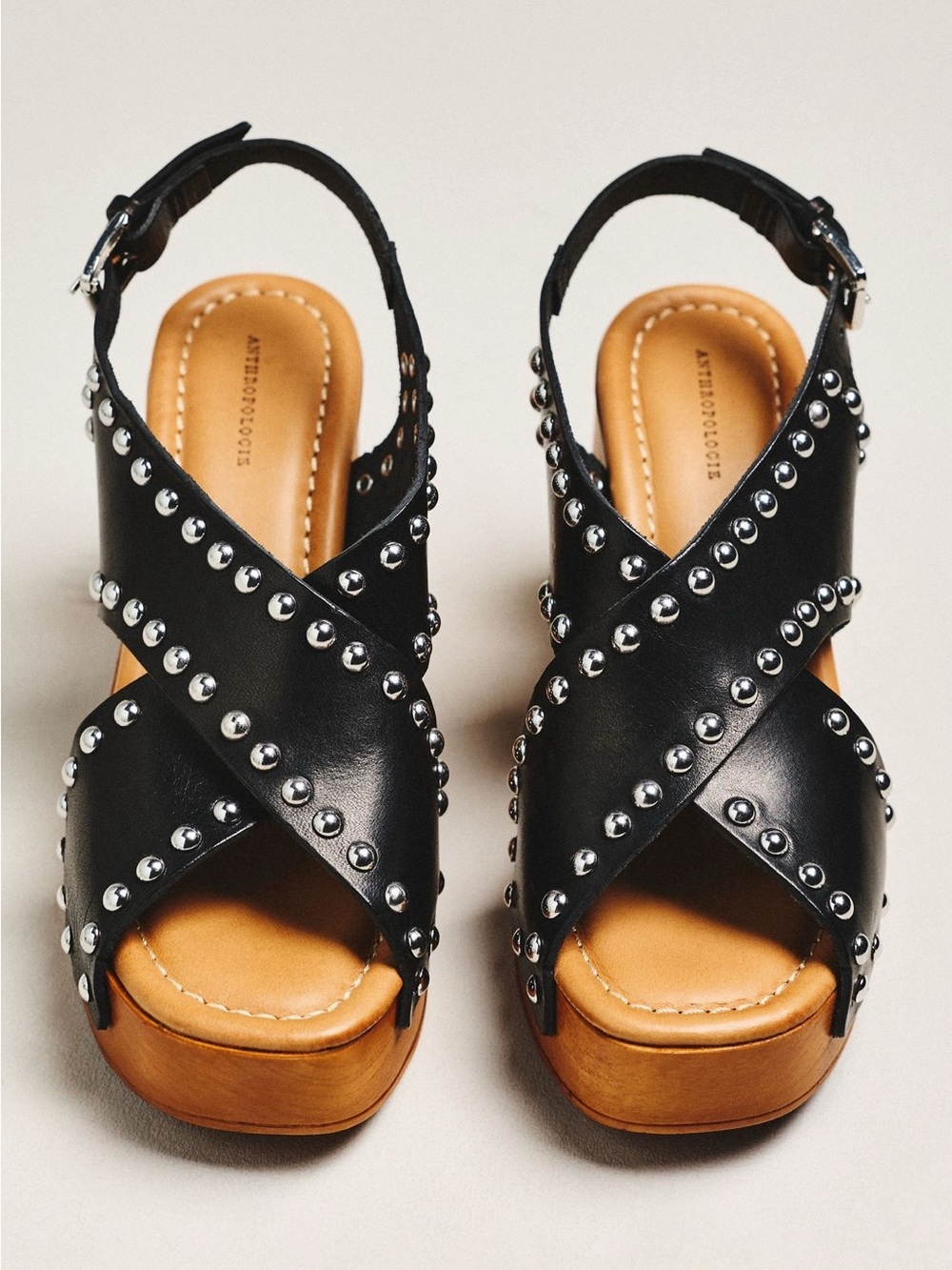 NWT Anthropologie Studded Cross Strap Platform Heels Black Leather EU 41